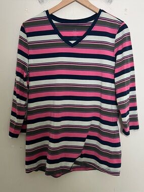 WOOLX- Elena 3/4 Sleeve V Neck Stripe Size L